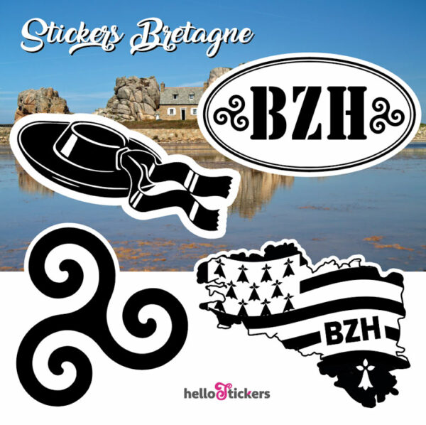 Stickers autocollants sur la Bretagne planche contenant BZH, chapeau breton, carte Bretagne et Triskel